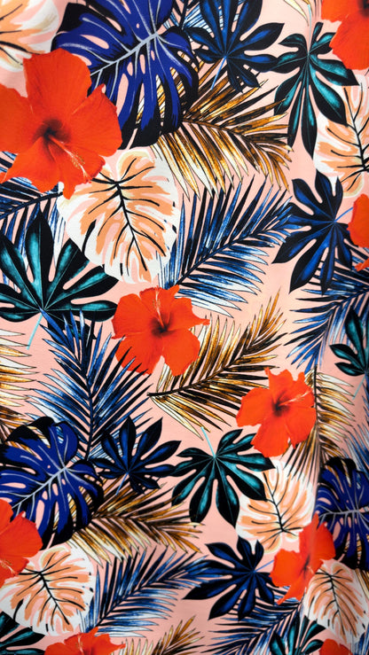 New Tropical flower design blush/multicolor print on best quality of nylon spandex 4-way stretch 58/60” Sold by the YD. Ships Worldwide