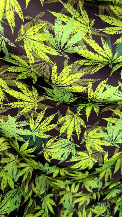 New Marihuana cannabis leaf design print on best quality of nylon spandex 4-way stretch 58/60” Sold by the YD. Ships worldwide from L.A CA.