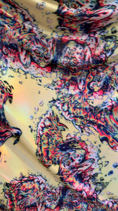 New Abstract Lava design with Iridescent metallic hologram foil 4way stretch 58/60" Sold by the YD. Ships worldwide from Los Angeles CA