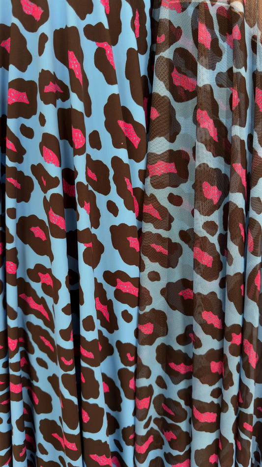 Exotic Leopard design Turquoise/Pink print on nylon spandex and power mesh nylon spandex  4-way stretch Green /black 58/60” Sold by the YD.