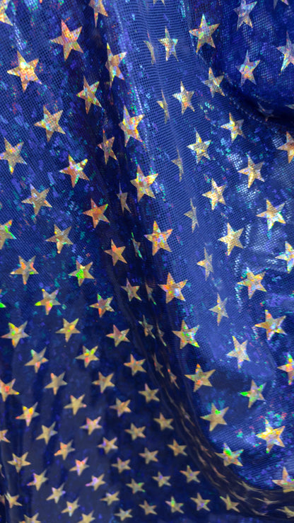 Stars Freedom design 2 sizes on metallic shattered glass hologram nylon spandex 4-way stretch 58/60” Multicolor Sold by the YD.