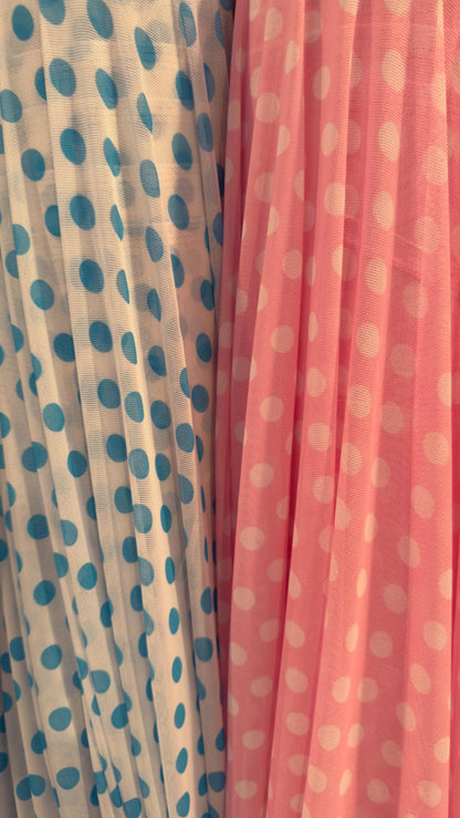 New polka dots design print on power mesh 4-way stretch  58/60” Sold by the YD. Ships worldwide from Los Angeles California USA.