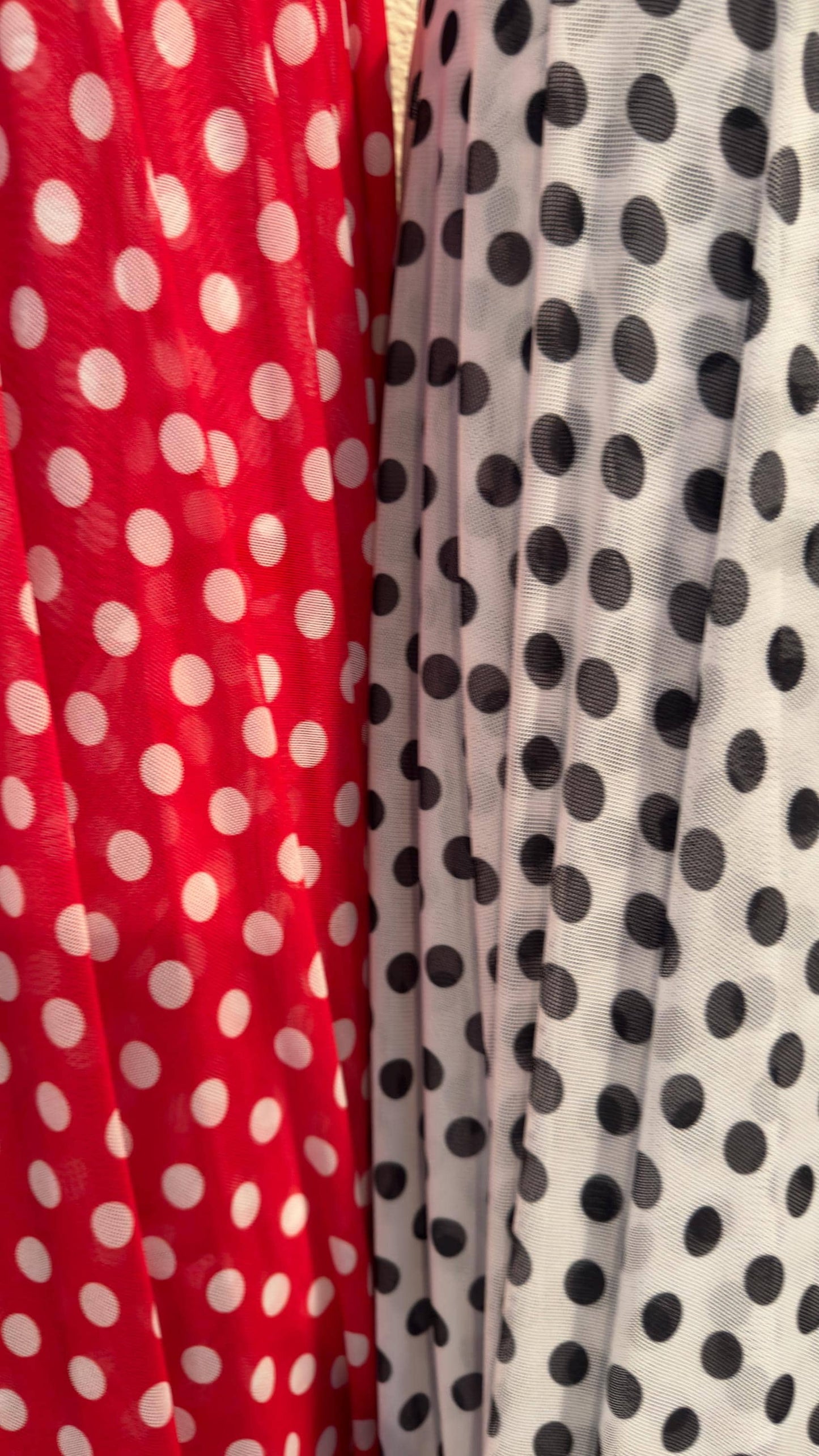 New polka dots design print on power mesh 4-way stretch  58/60” Sold by the YD. Ships worldwide from Los Angeles California USA.