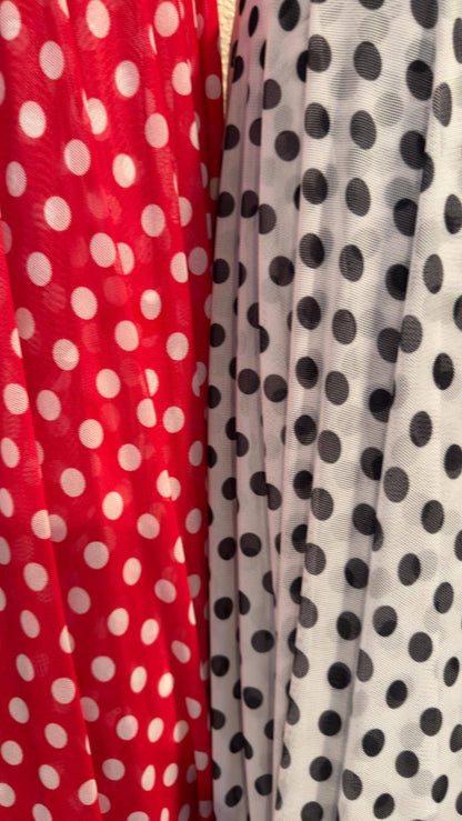 New polka dots design print on power mesh 4-way stretch  58/60” Sold by the YD. Ships worldwide from Los Angeles California USA.