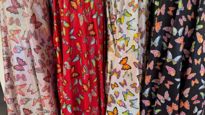 Exotic Butterfly design Multicolors print on great quality of Hologram metallic nylon spandex with foggy foil 4-way stretch 58/60”