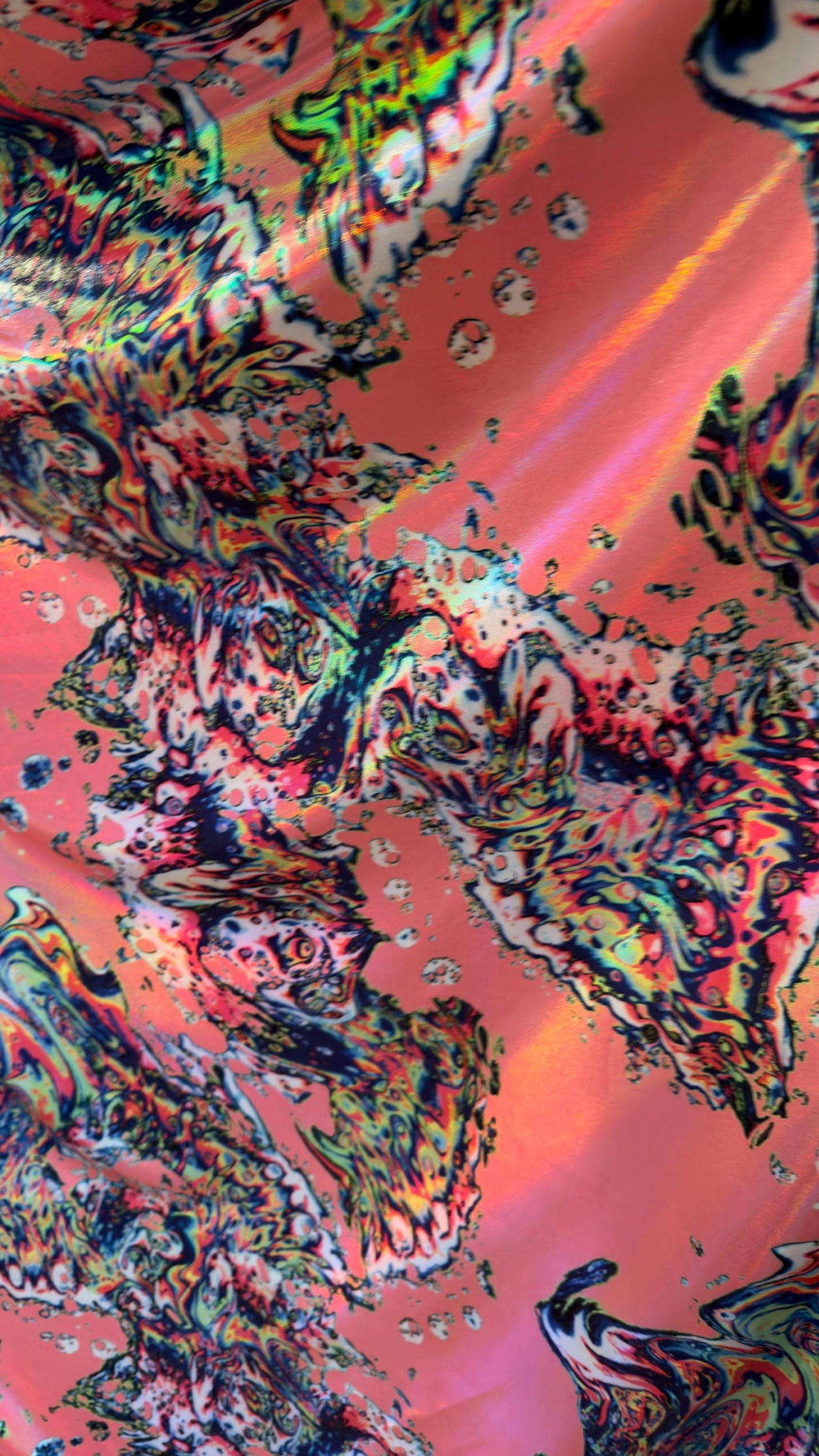 New Abstract Lava design with Iridescent metallic hologram foil 4way stretch 58/60" Sold by the YD. Ships worldwide from Los Angeles CA
