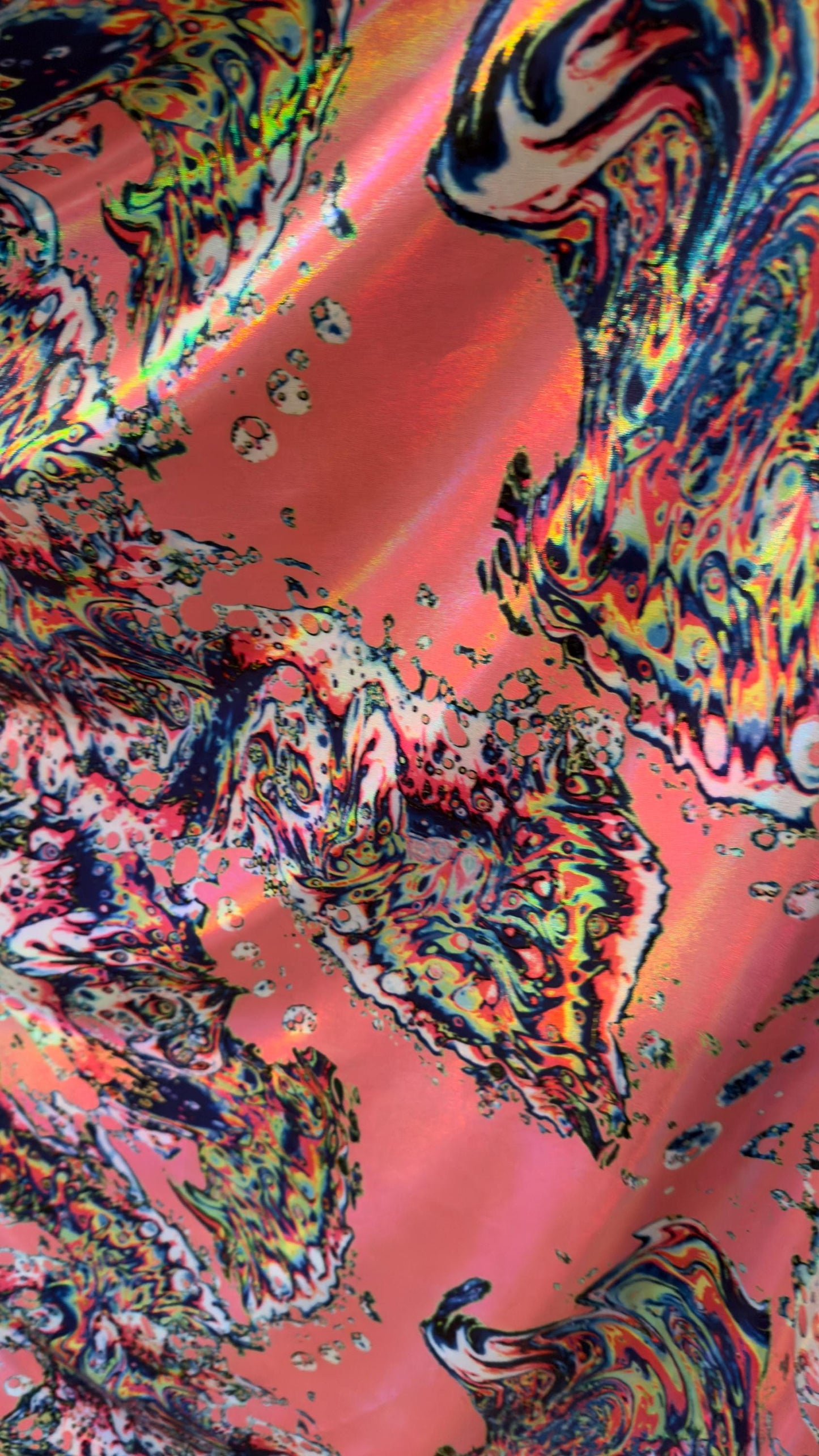New Abstract Lava design with Iridescent metallic hologram foil 4way stretch 58/60" Sold by the YD. Ships worldwide from Los Angeles CA