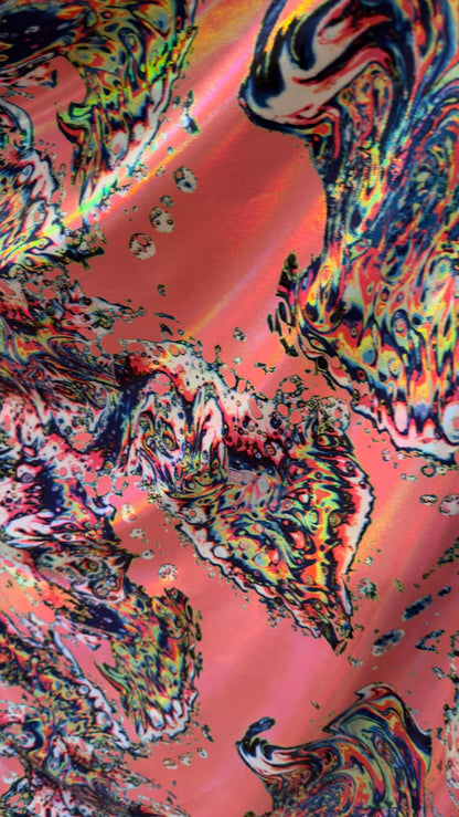 New Abstract Lava design with Iridescent metallic hologram foil 4way stretch 58/60" Sold by the YD. Ships worldwide from Los Angeles CA
