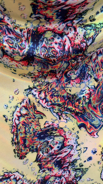 New Abstract Lava design with Iridescent metallic hologram foil 4way stretch 58/60" Sold by the YD. Ships worldwide from Los Angeles CA