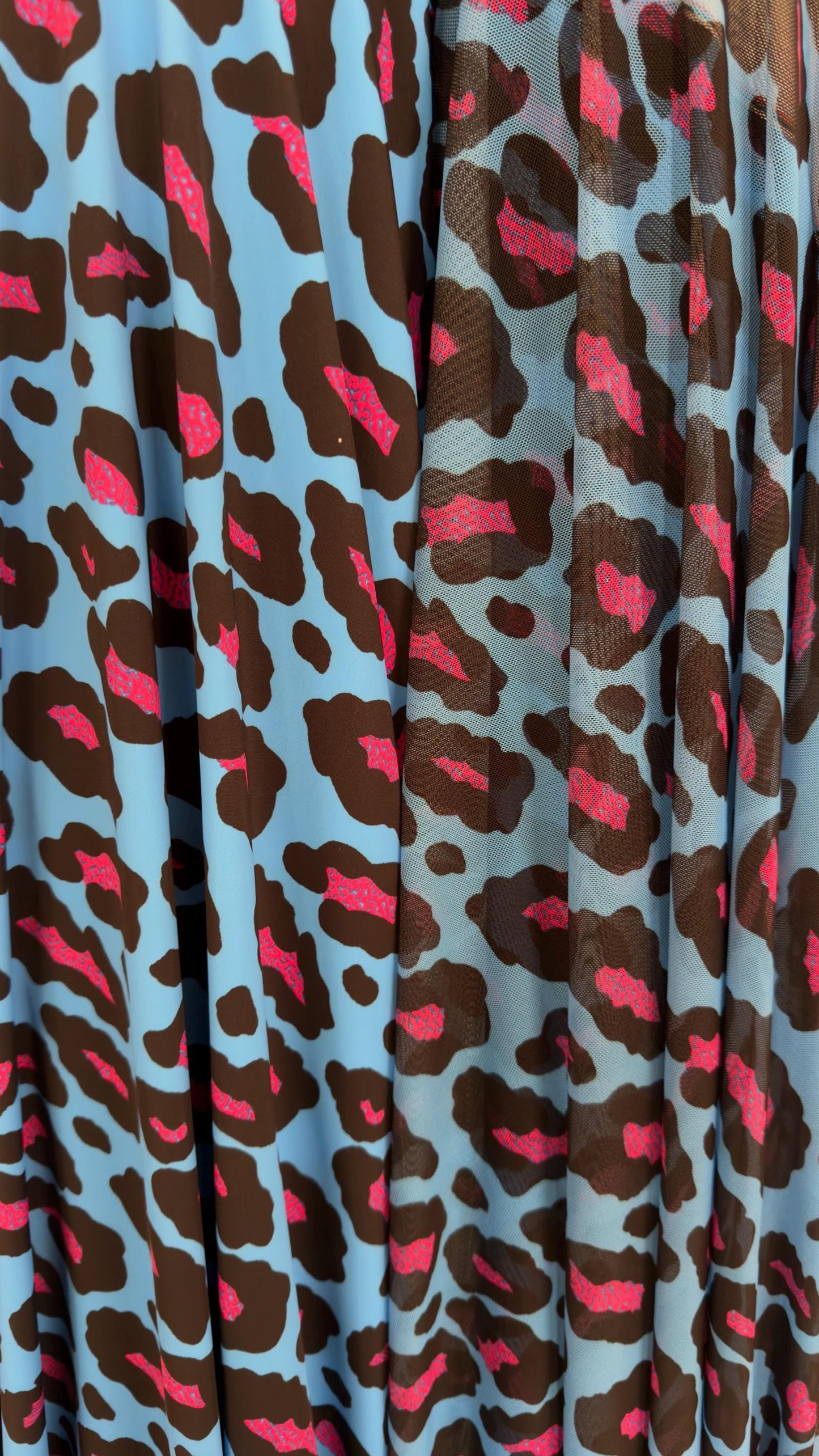 Exotic Leopard design Turquoise/Pink print on nylon spandex and power mesh nylon spandex  4-way stretch Green /black 58/60” Sold by the YD.