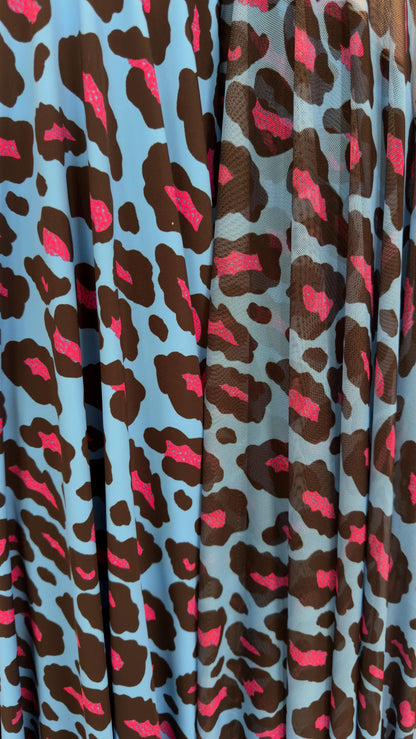 Exotic Leopard design Turquoise/Pink print on nylon spandex and power mesh nylon spandex  4-way stretch Green /black 58/60” Sold by the YD.