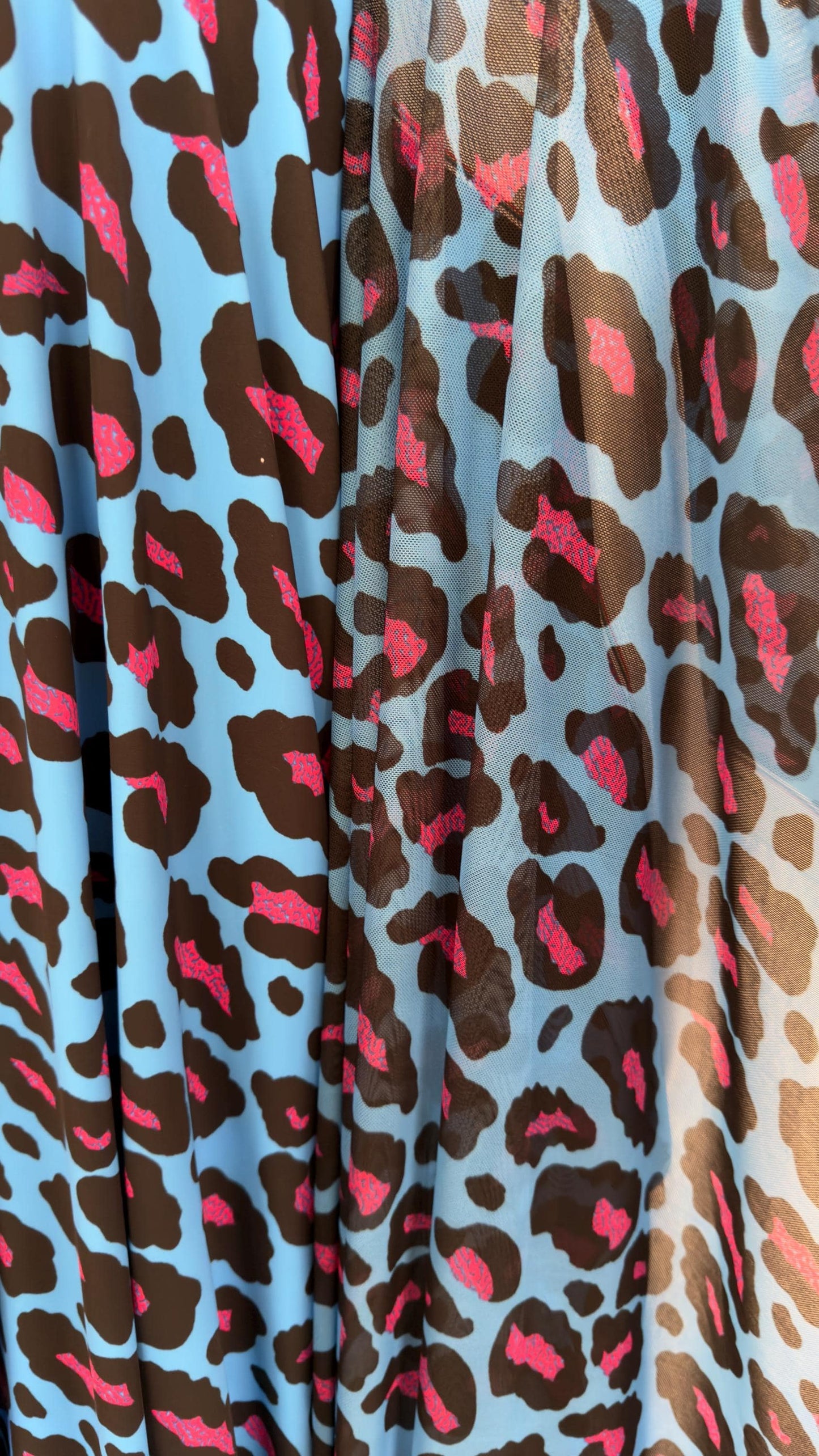 Exotic Leopard design Turquoise/Pink print on nylon spandex and power mesh nylon spandex  4-way stretch Green /black 58/60” Sold by the YD.