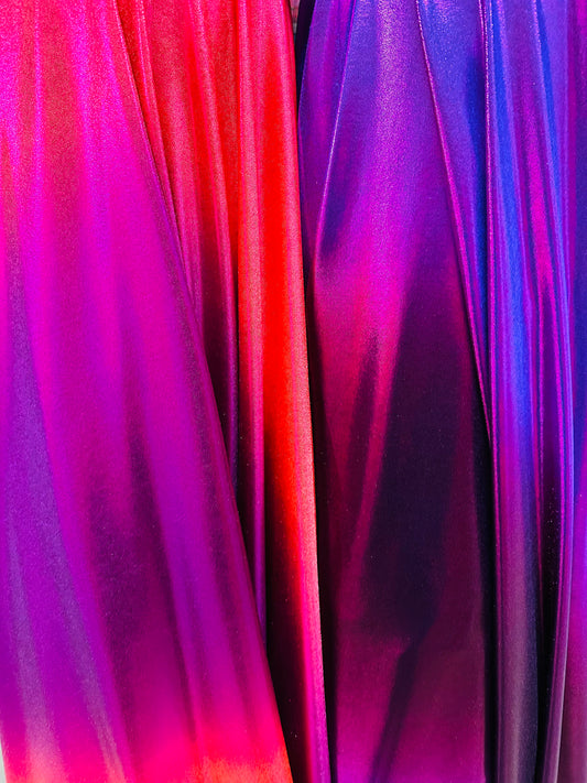 Deluxe Ombre design metallic nylon spandex with foggy foil 4-way stretch 58/60” Sold by the YD.