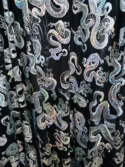 New Exotic Dragon design Iridescent black silver metallic power mesh 4-way stretch 58/60”