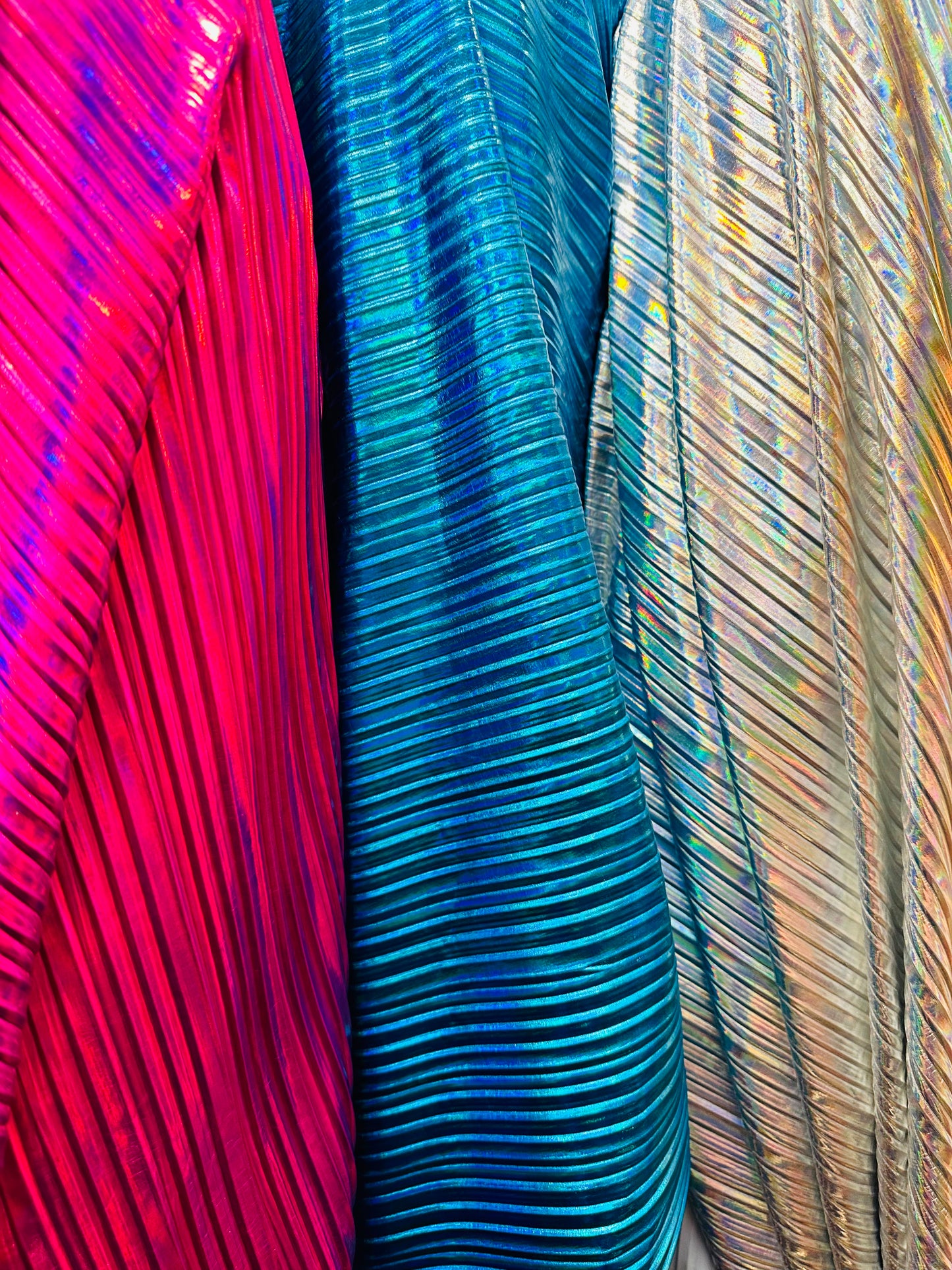 Deluxe Pleated Iridescent all over foil 2-way stretch High quality fabrics by AlexLAFabrics