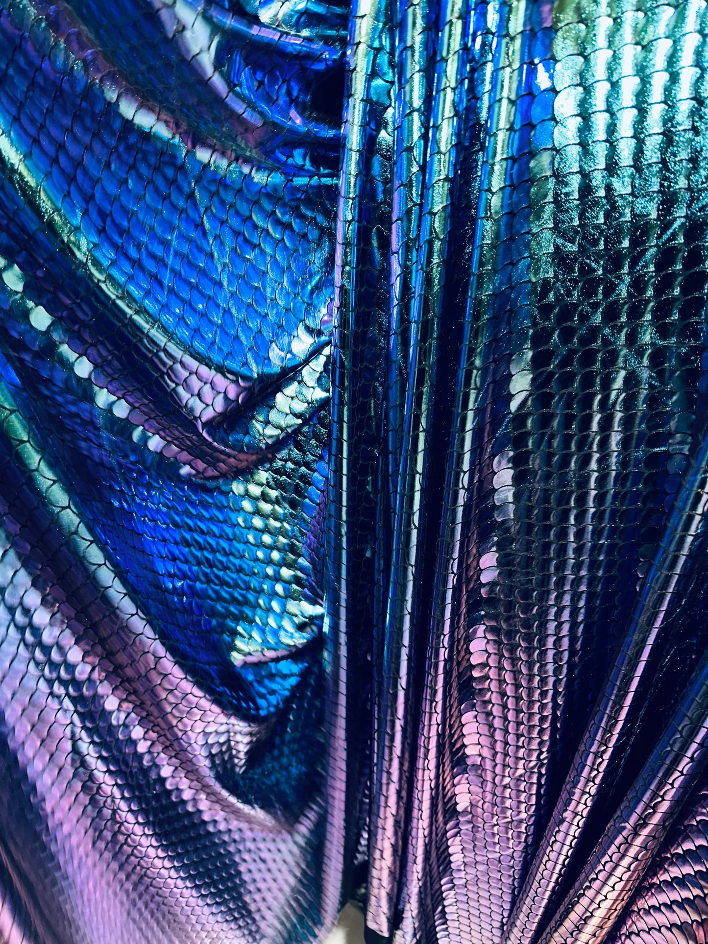 New Luxury Iridescent mermaid design purple/green hologram metallic nylon spandex high quality fabrics by AlexLAFabrics