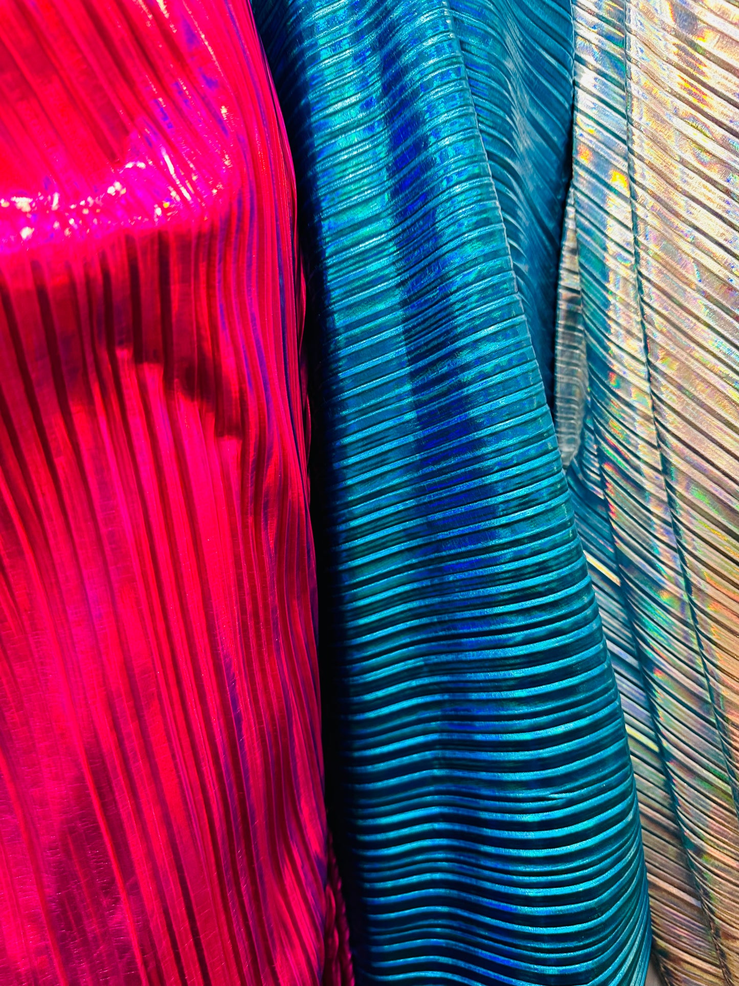 Deluxe Pleated Iridescent all over foil 2-way stretch High quality fabrics by AlexLAFabrics