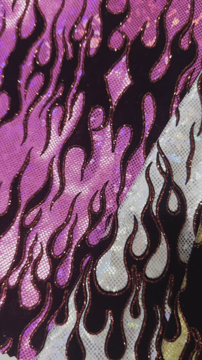 Luxury Flames design on shattered glass hologram metallic nylon spandex 4-way stretch 58/60”