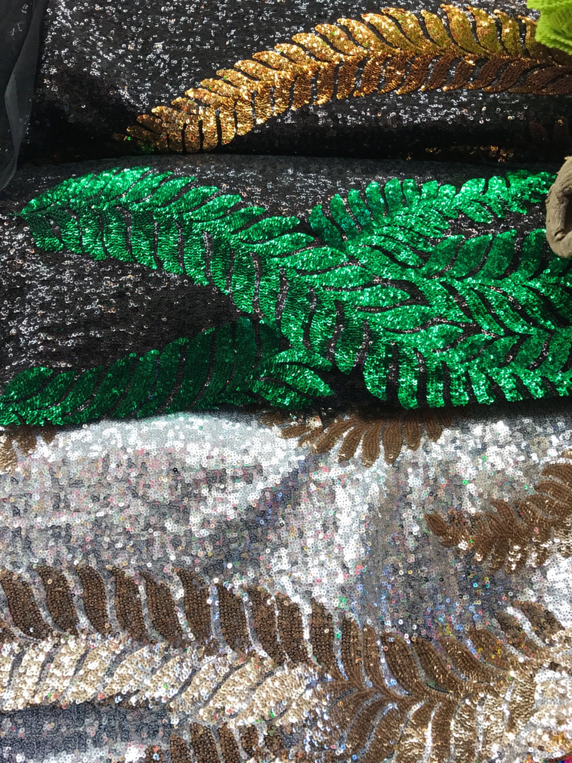 Long leaf design 2tone glitz Sequins on mesh base 58/60" Sold by the yd ships worldwide from Los Angeles CA USA