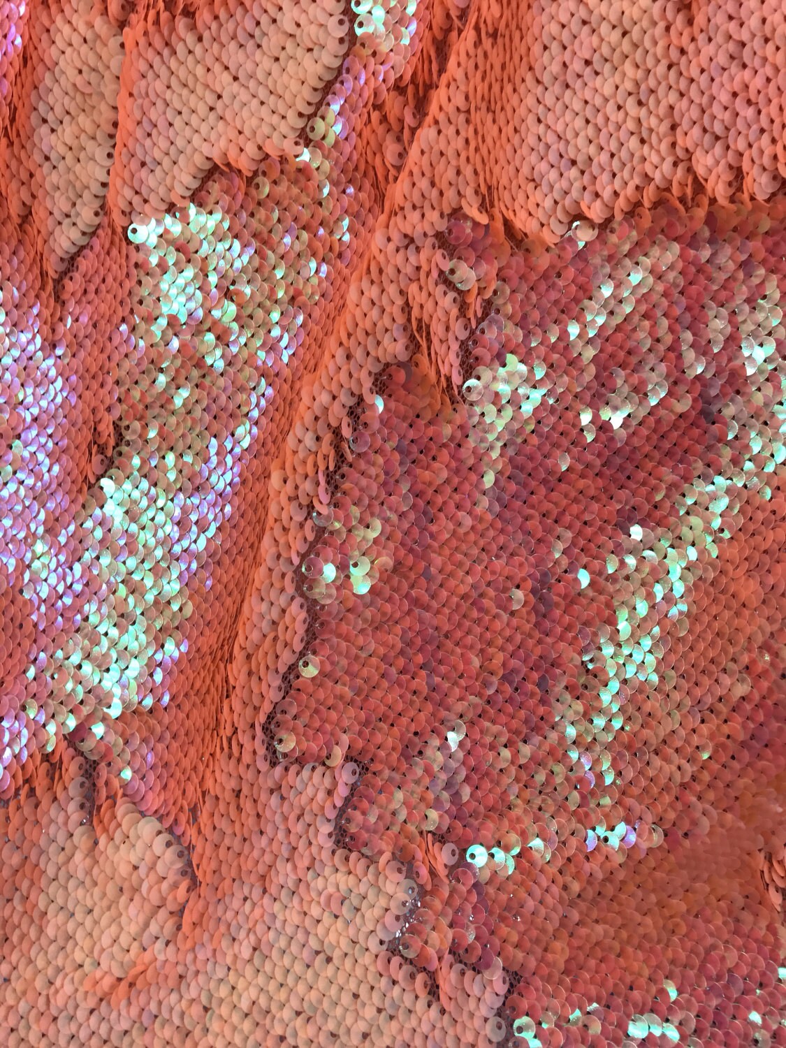 NEW Flip up sequins 5mm iridescent orange on stretch mesh base 58/60" sold by the yd. Ships worldwide from Los Angeles California USA