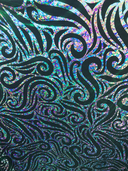 Swirl design Hologram foil green/silver on nylon spandex 4way Stretch 58/60" Sold by the yd. Ships worldwide from Los Angeles California.