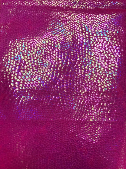 Iridescent snake design with crystal foil on nylon spandex 4way Stretch 58/60" Sold bubthe yd. Ships worldwide from Los Angeles California.