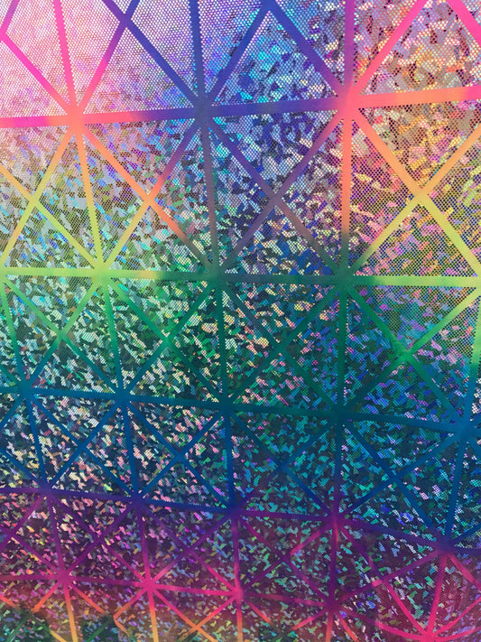 NEW Unicorn tie dye rainbow and cotton candy colors hologram shatter glass/multicolor iridescent foil-Triangles shapes nylon spandex 4way.