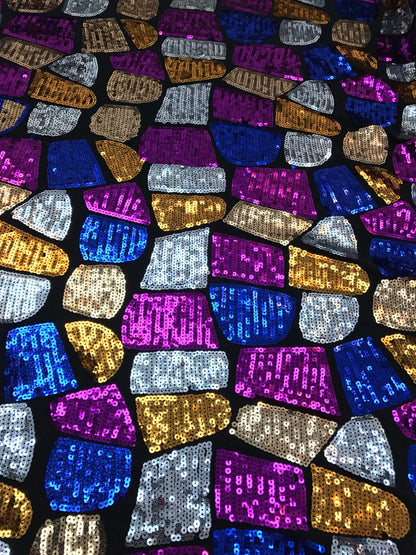 Multicolor pach sequins on spandex base 2way stretch 58/60" Sold by the YD. Ships worldwide from Los Angeles California USA.