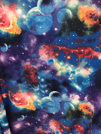 New multicolor galaxy design on nykon spandex 4way Stretch 58/60" Sold bu the yd. Ships worldwide from Los Angeles California USA.