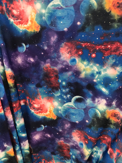 New multicolor galaxy design on nykon spandex 4way Stretch 58/60" Sold bu the yd. Ships worldwide from Los Angeles California USA.