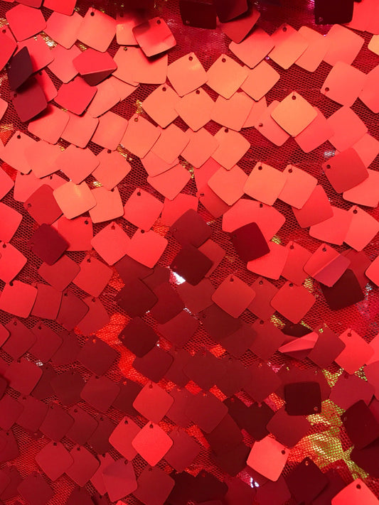 Square big sequins matte/red on stretch mesh base 58/60"  2way stretch sold by the YD. Ships worldwide from Los Angeles California USA