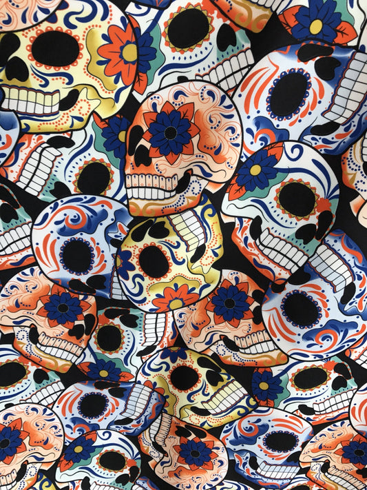 New skull design print nylon spandex 4way Stretch White/multicolor 58/60” Sold by the yd. Ships worldwide from Los Angeles California USA.