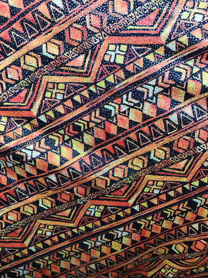 Nylon spandex AZTEC design 4way Stretch with foggy foil 58/60" Sold by the yd Ships worldwide from Los Angeles California USA.