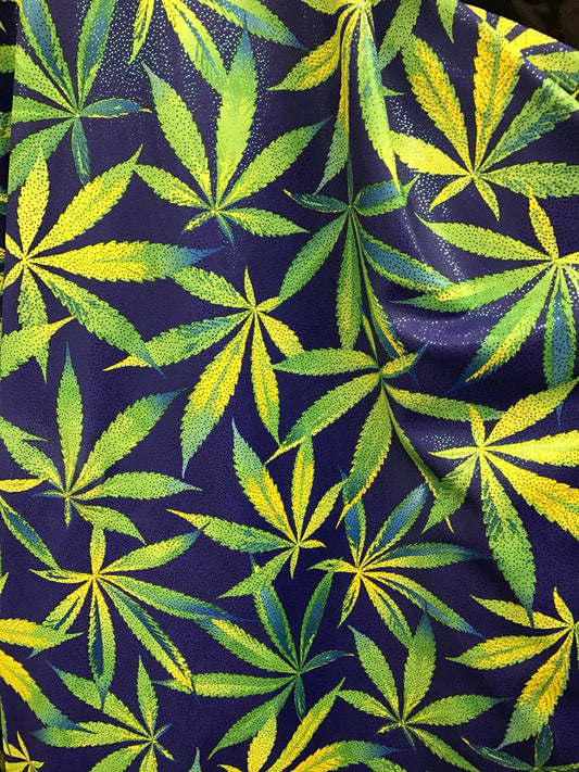 Marijuana design nylon spandex with foggy foil all over 4 way stretch 58/60" sold by the yd. ships worldwide from Los Angeles California USA