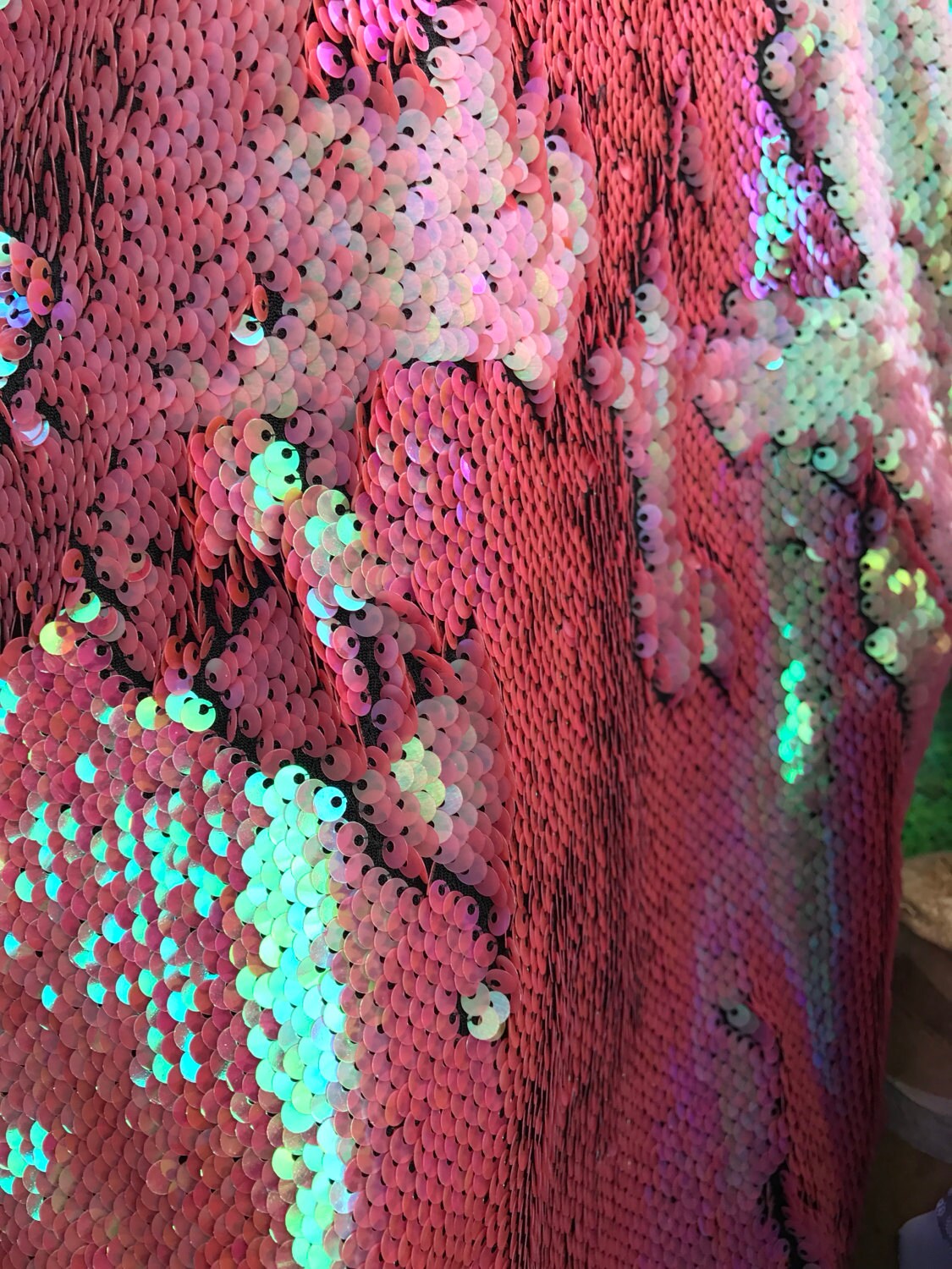 Iridescent flip up sequins dusty rouse reversible sequins on spandex base 58/60" Sold by the yd. Ships worldwide from Los Angeles California