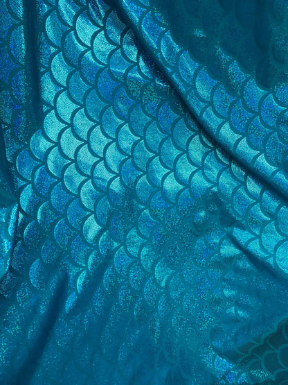 Mermaid design big jumbo size Hologram all over foil on nylon spandex base 58/60" Sold by the yd. Ships worldwide from Los Angeles CA, USA