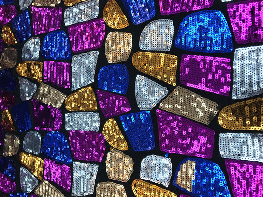 Multicolor pach sequins on spandex base 2way stretch 58/60" Sold by the YD. Ships worldwide from Los Angeles California USA.