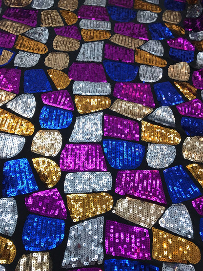 Multicolor pach sequins on spandex base 2way stretch 58/60" Sold by the YD. Ships worldwide from Los Angeles California USA.