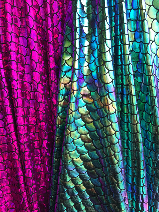 Mermaid design Hologram metallic fish scales on nylon spandex 4way Stretch 58/60" Sold by the YD. Ships worldwide from Los Angeles CA USA