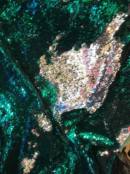 Flip up mermaid sequins 5mm reversible sequins green/silver sequins on spandex base 58/60" Sold by the YD. Ships worldwide from Los Angeles