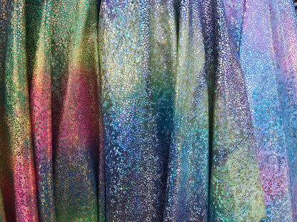 Skin design tie dye Hologram metallic on nylon spandex 4way strech 58/60" Sold by the YD. Ships worldwide from Los Angeles California USA.