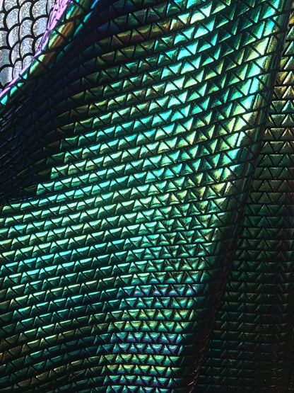 NEW Iridescent green triangle design metallic spandex 4way Stretch 58/60" Sold by the YD. Ships worldwide from Los Angeles California USA.