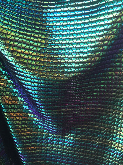 NEW Iridescent green triangle design metallic spandex 4way Stretch 58/60" Sold by the YD. Ships worldwide from Los Angeles California USA.