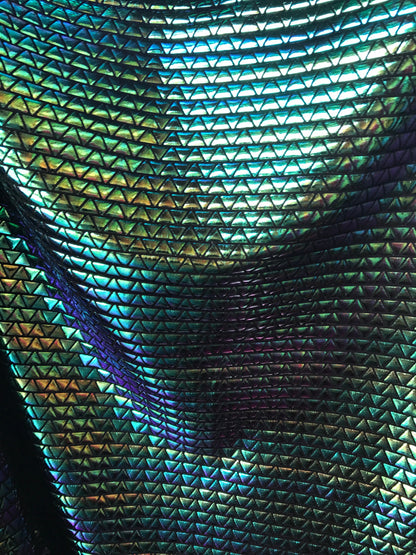 NEW Iridescent green triangle design metallic spandex 4way Stretch 58/60" Sold by the YD. Ships worldwide from Los Angeles California USA.