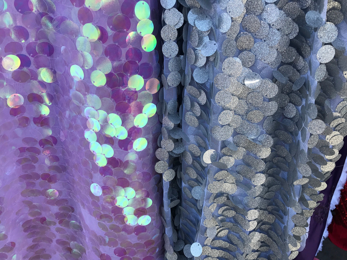 NEW iridescent lavender and metallic silver big paillette sequins on stretch mesh 58/60" Sold by the YD. Ships worldwide from Los Angeles CA