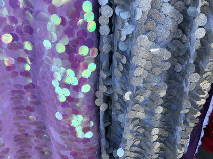 NEW iridescent lavender and metallic silver big paillette sequins on stretch mesh 58/60" Sold by the YD. Ships worldwide from Los Angeles CA