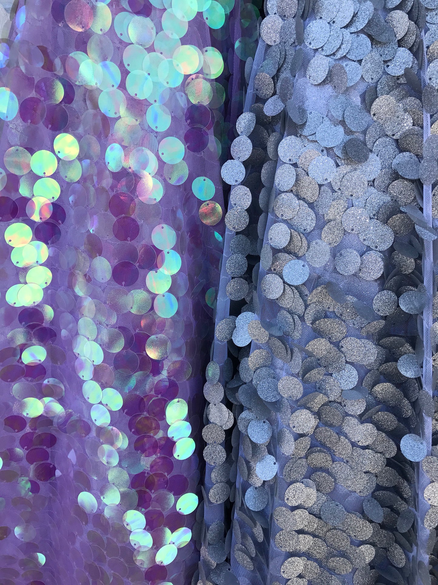 NEW iridescent lavender and metallic silver big paillette sequins on stretch mesh 58/60" Sold by the YD. Ships worldwide from Los Angeles CA