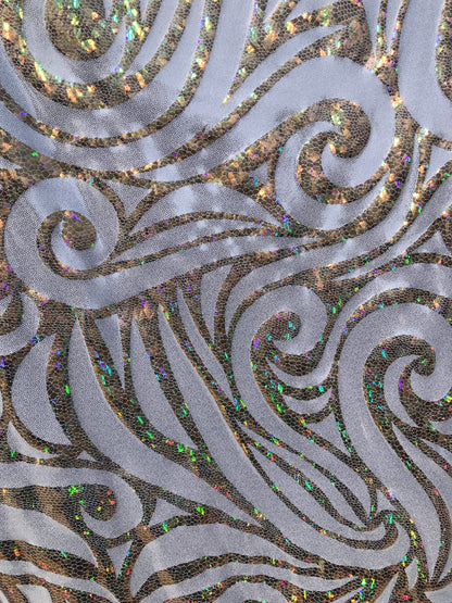 NEW Swirl metallic Hologram design on nylon spandex 4way Stretch 58/60" Sold by the YD. Ships worldwide from Los Angeles California USA