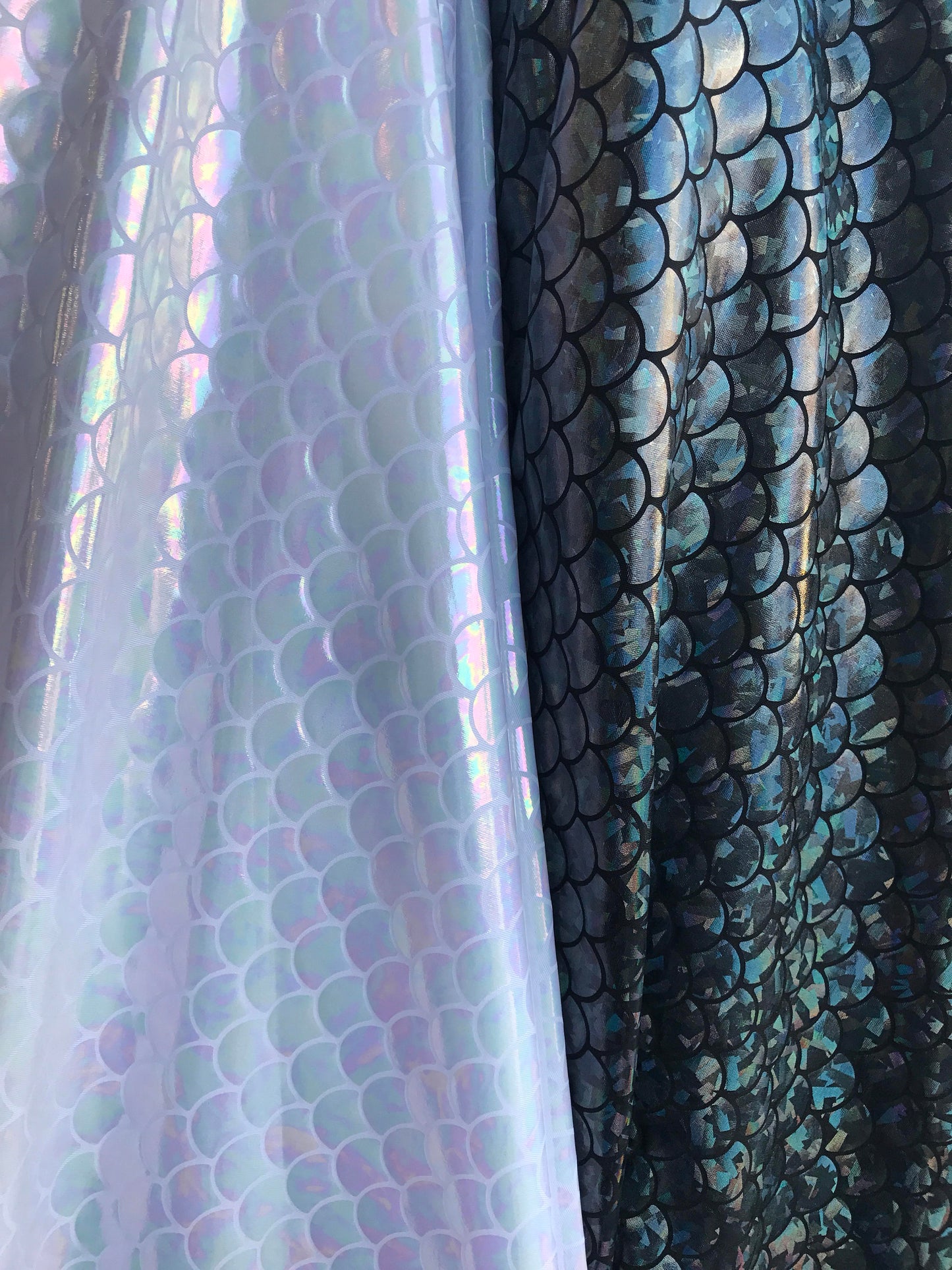 Mermaid Iridescent fish scales hologram metallic on nylon spandex 4way Stretch 58/60" Sold by the YD. Ships worldwide from Los Angeles CA