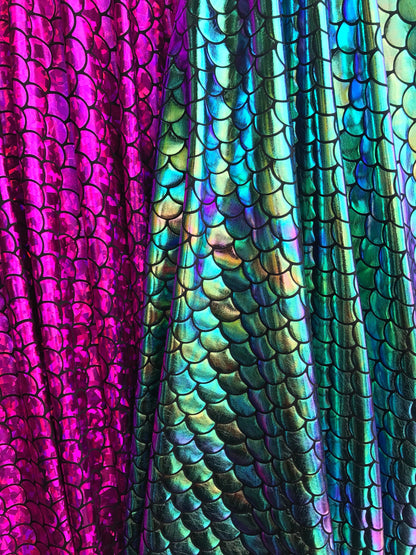 Mermaid design Hologram metallic fish scales on nylon spandex 4way Stretch 58/60" Sold by the YD. Ships worldwide from Los Angeles CA USA